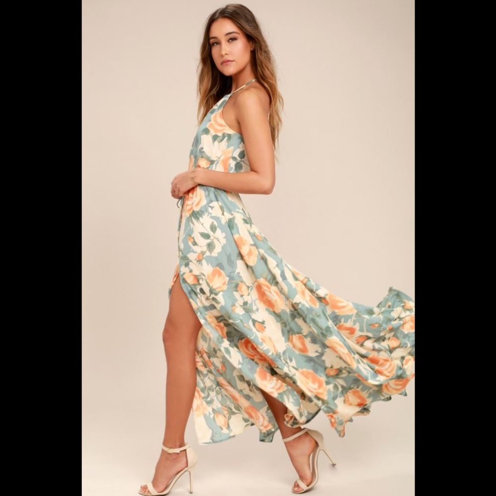 light blue and peach floral print maxi dress